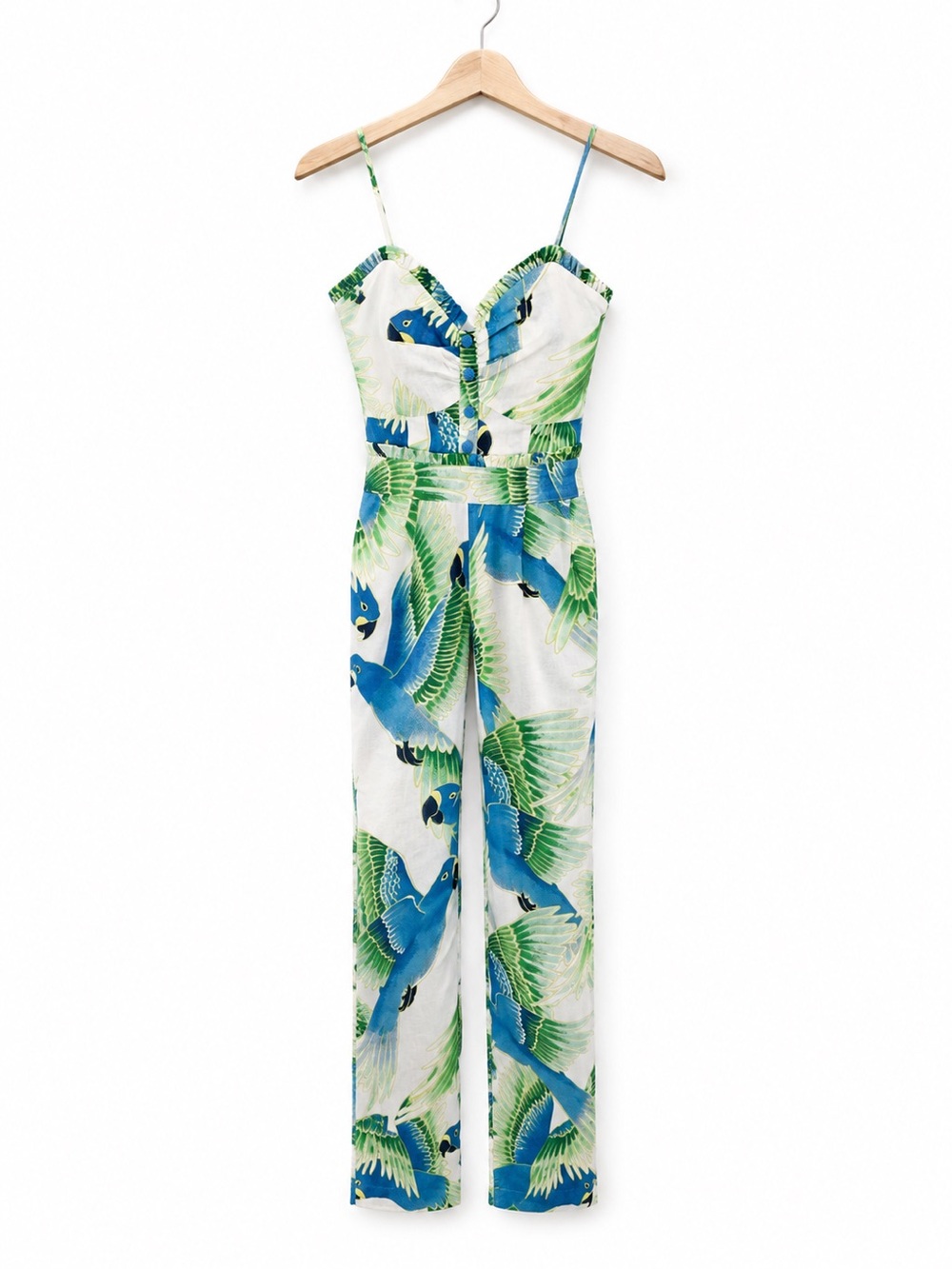 FARM Rio Cotton Blue & Green on White Tropical Print Jumpsuit Summer statement